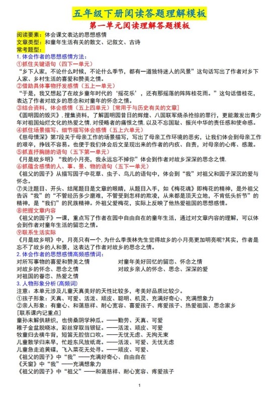 【阅读理解答题模板】五下语文-免费学习资料下载 - 开学吧