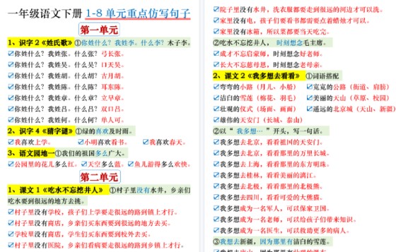 【2026春10页完整版】一（下）语文1-8单元重点仿写句子-免费学习资料下载 - 开学吧