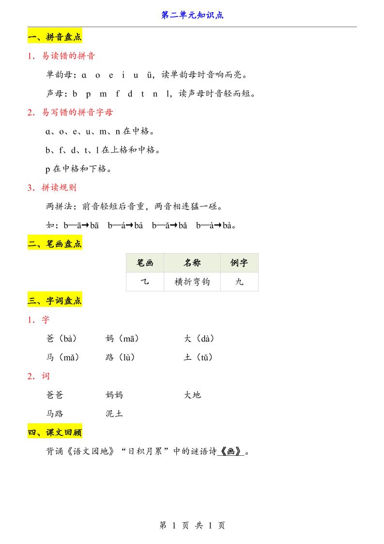 第2单元（知识点）一上语文-免费学习资料下载 - 开学吧