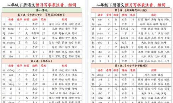 【2026春15页完整版】二年级下册语文 预习生字注音组词-免费学习资料下载 - 开学吧