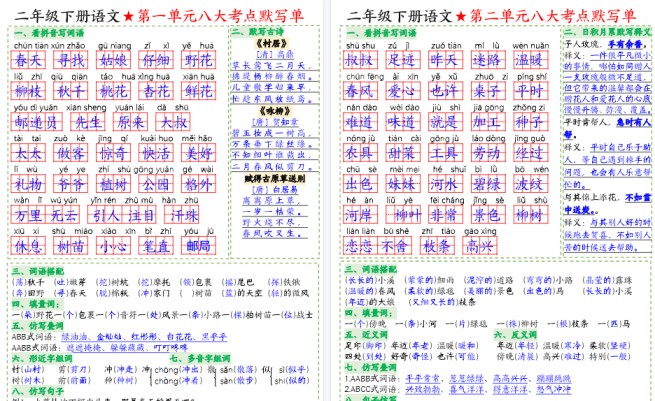 【2026春16页完整版】二（下）语文八大考点默写单-免费学习资料下载 - 开学吧
