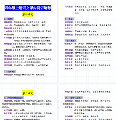 【12页完整版】四（上）语文课内词语成语解释-免费学习资料下载 - 开学吧