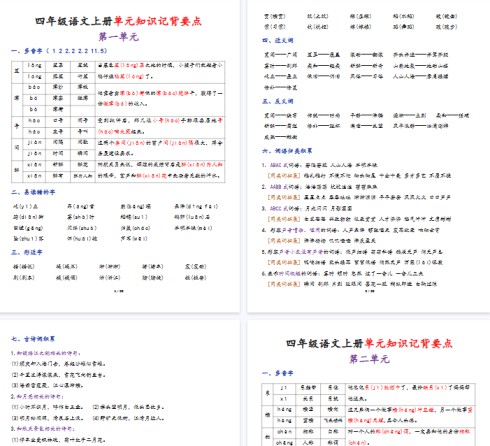 【29页完整版】四（上）语文单元知识记背要点.pdf-免费学习资料下载 - 开学吧