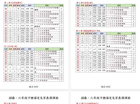 【5页完整版】2026春语文六下生字课课贴【高清无水印版】-免费学习资料下载 - 开学吧