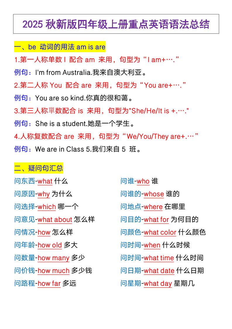 【2025秋新版】四年级上册英语，重点英语语法总结-小初高学习资料下载_真题试卷 - 开学吧资料库