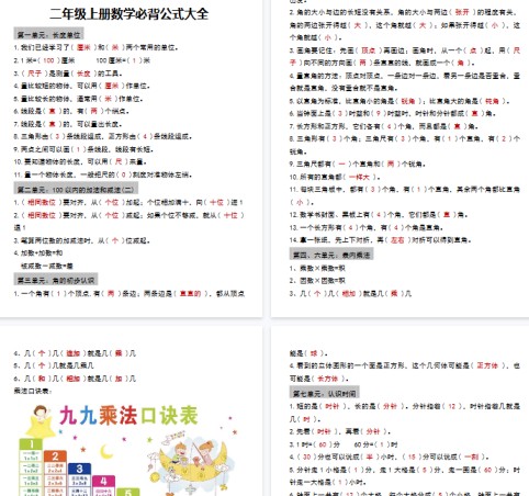 【5页完整版】【2年级上册】数学必背公式大全【期末高清版可直接打印】-免费学习资料下载 - 开学吧