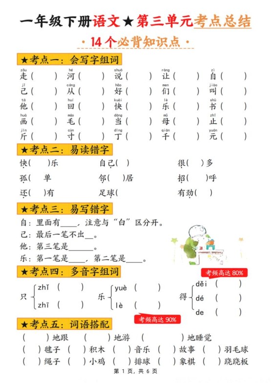 一下语文第三单元考点总结(含练习6页)-免费学习资料下载 - 开学吧