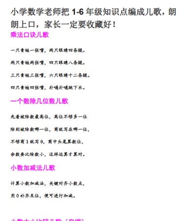 【21页新版】小学数学老师把1-6年级知识点编成儿歌,朗朗上口,家长一定要收藏好!【高清完整版】-免费学习资料下载 - 开学吧