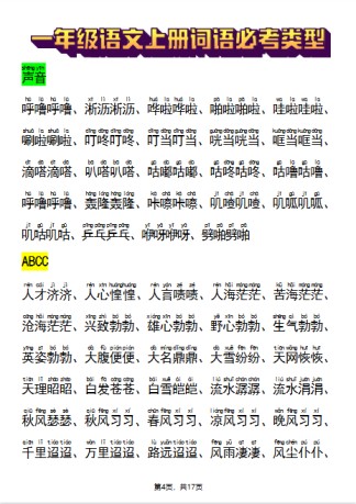 新一年级上册语文《词语必考类型》（ABB、ABAB、AABB、ABCC、AABC、ABAC、ABCB类词语共17页》-免费学习资料下载 - 开学吧