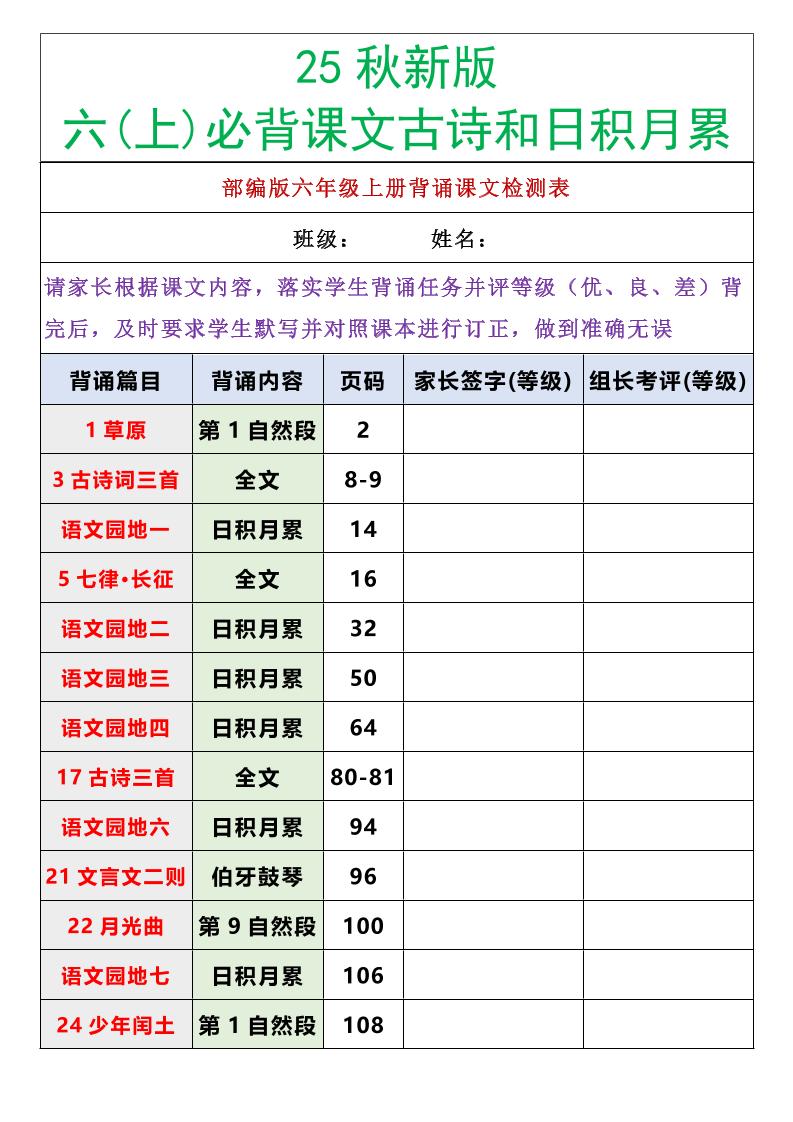【2025秋新版】六年级语文上册必背课文内容古诗和日积月累-小初高学习资料下载_真题试卷 - 开学吧资料库