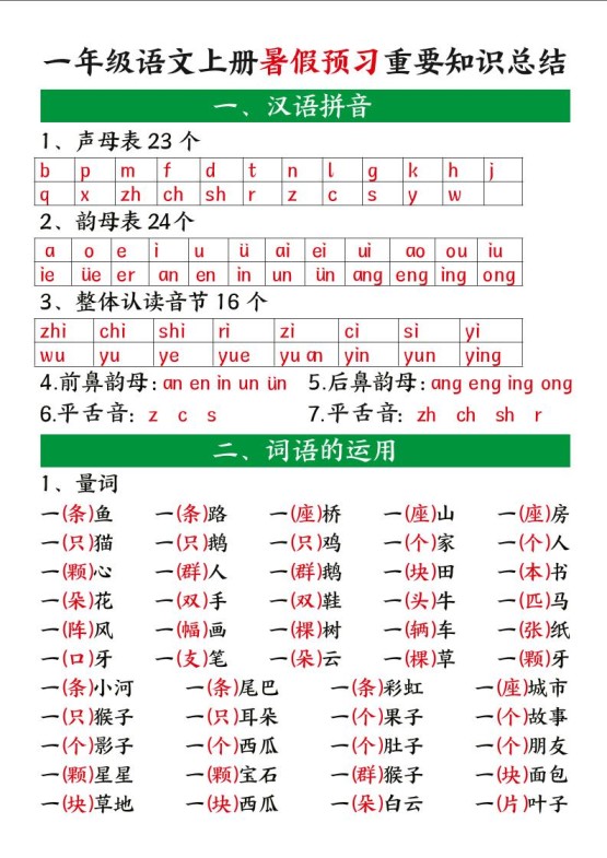 一年级语文上册暑假预习重要知识总结-免费学习资料下载 - 开学吧