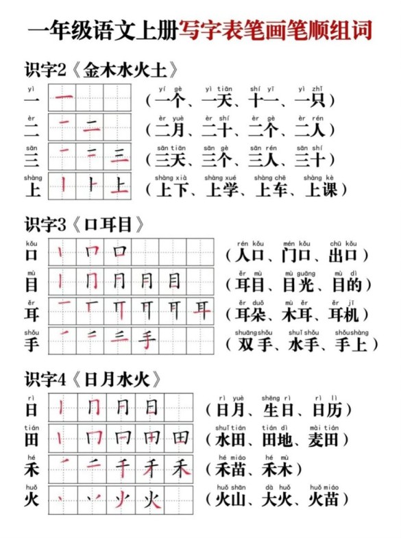 一年级语文上册写字表笔画笔顺组词-免费学习资料下载 - 开学吧