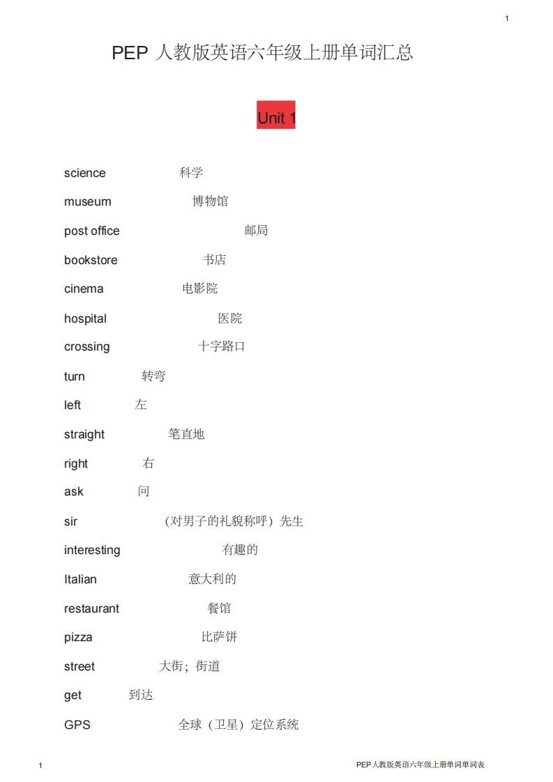 六年级英语上册单词表(人教版PEP)-小初高学习资料下载_真题试卷 - 开学吧资料库