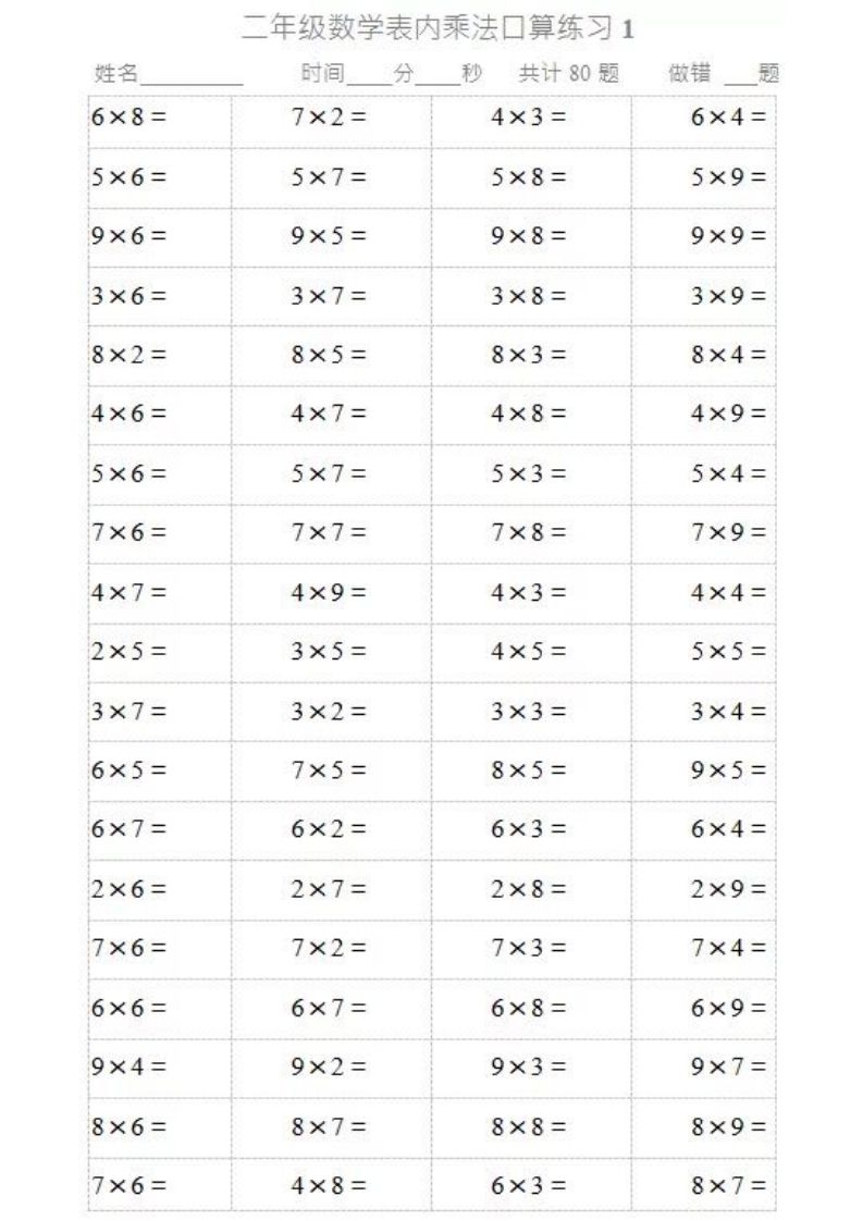 二上数学乘法口算题卡2-小初高学习资料下载_真题试卷 - 开学吧资料库