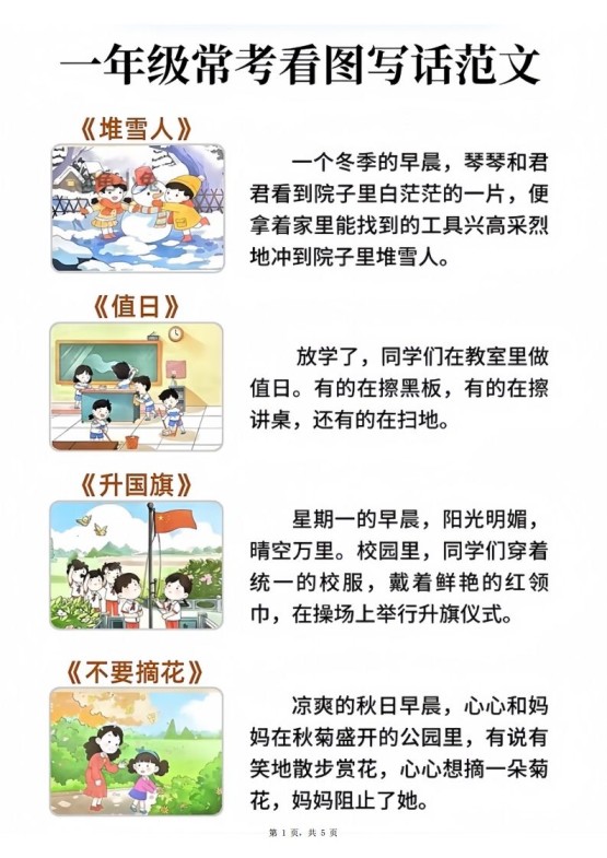 一年级语文常考看图写话范文20篇(5页)-免费学习资料下载 - 开学吧