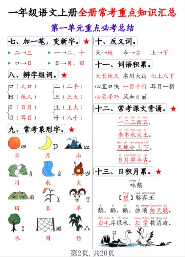 2025秋一年级语文上册全册常考重点知识汇总 （20页）-免费学习资料下载 - 开学吧