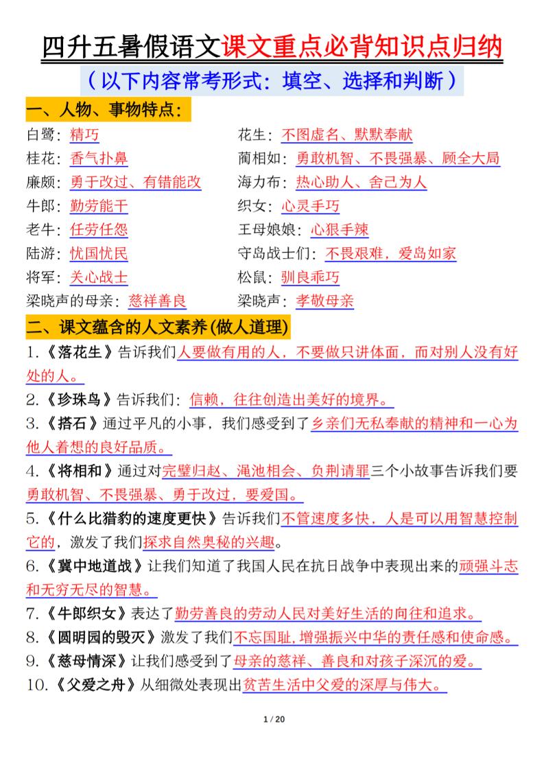 四升五年级暑假语文课文重点必背知识点归纳输出(20页)-五上语文-小初高学习资料下载_真题试卷 - 开学吧资料库