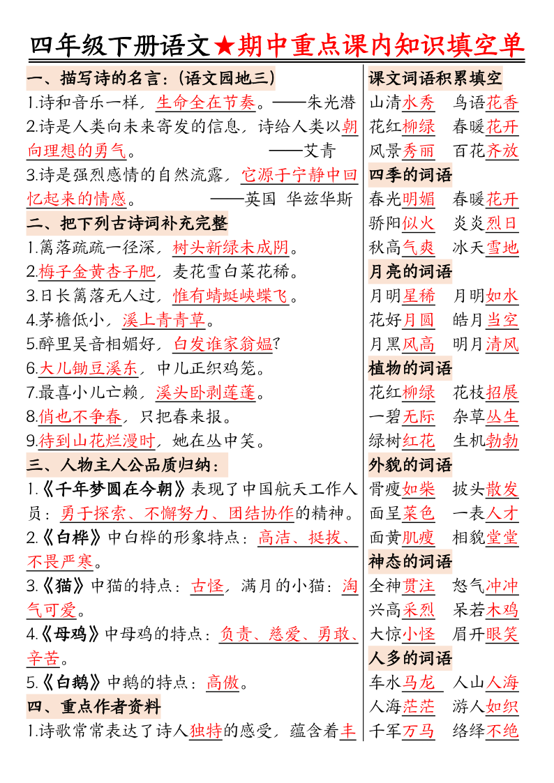 四下语文期中重点课内知识填空单(答案)-小初高学习资料下载_真题试卷 - 开学吧资料库