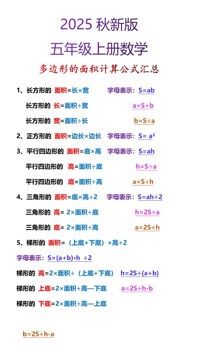 【2025秋新版】五年级上册数学多边形的面积计算公式汇总-小初高学习资料下载_真题试卷 - 开学吧资料库