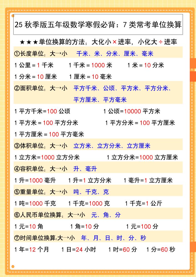 【2025秋新版】五年级数学寒假必背：7类常考单位换算-五上数学-小初高学习资料下载_真题试卷 - 开学吧资料库