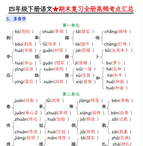 39页！期末复习重点知识汇总四下语文-免费学习资料下载 - 开学吧