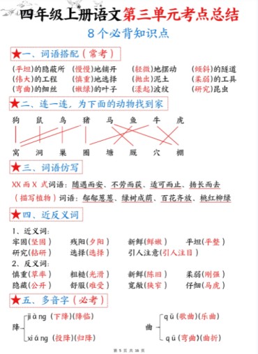 2025秋四年级语文上册1-8单元考点总结（8个必背知识点）-免费学习资料下载 - 开学吧