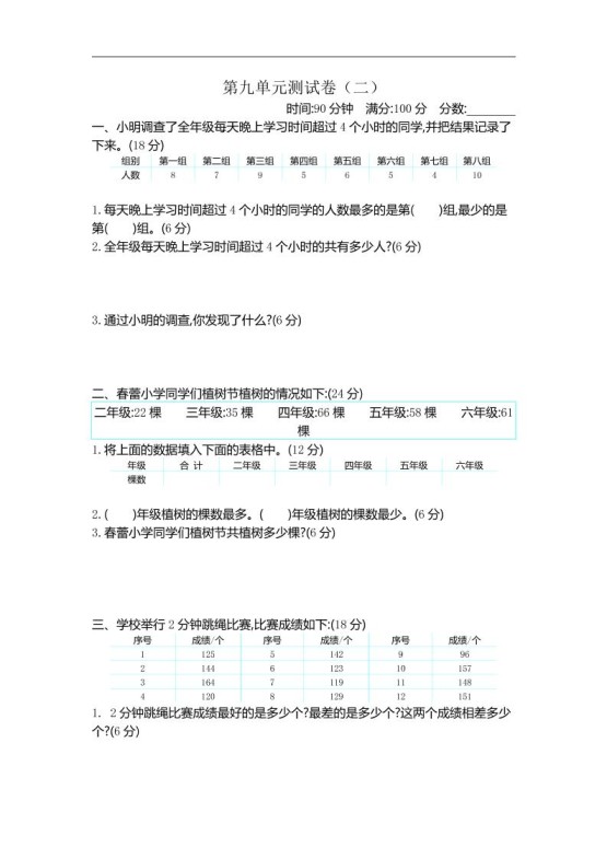 三下苏教版数学第九单元检测卷-2-免费学习资料下载 - 开学吧