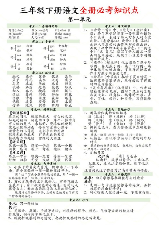 三下语文全册1-8单元必考知识点汇总（8页）-免费学习资料下载 - 开学吧