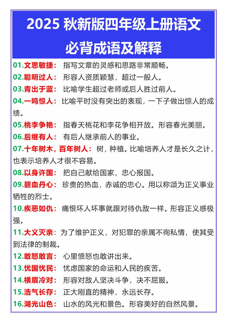 【2025秋新版】四年级上册语文必背成语及解释-小初高学习资料下载_真题试卷 - 开学吧资料库