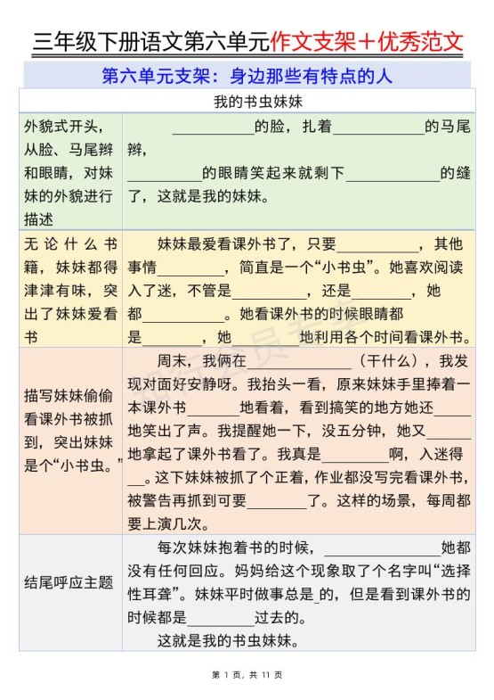 三下语文第六单元作文支架＋优秀范文（11页）-免费学习资料下载 - 开学吧
