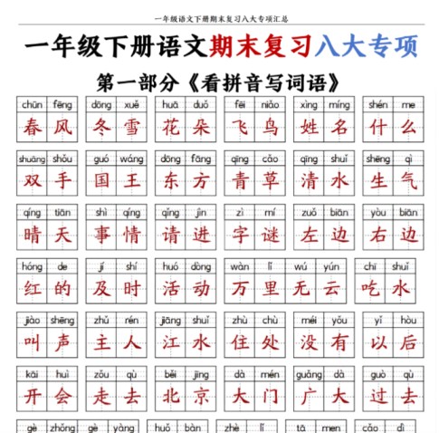 一年级下册语文期末复习八大专项（含练习63页）-免费学习资料下载 - 开学吧