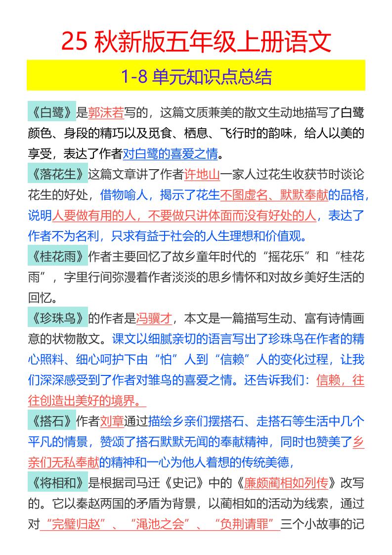 【2025秋新版】五年级上册语文1-8单元知识点总结-小初高学习资料下载_真题试卷 - 开学吧资料库