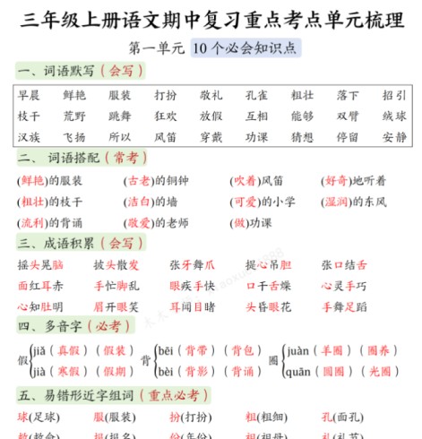 三(上)语文 期中复习:1-4单元考点总结-免费学习资料下载 - 开学吧