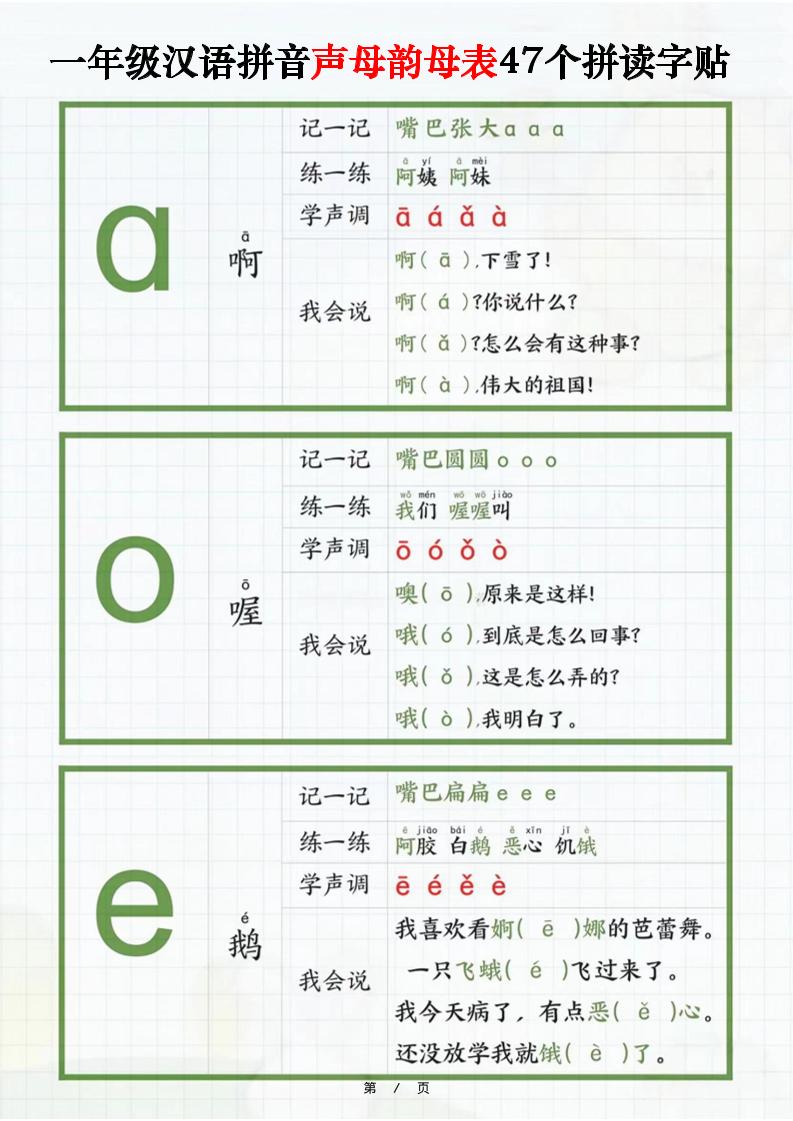 一年级汉语拼音声母韵母表47个拼读字贴（16页）-一上语文-小初高学习资料下载_真题试卷 - 开学吧资料库