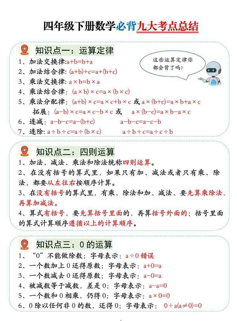 四年级下数学必背九大考点总结-小初高学习资料下载_真题试卷 - 开学吧资料库