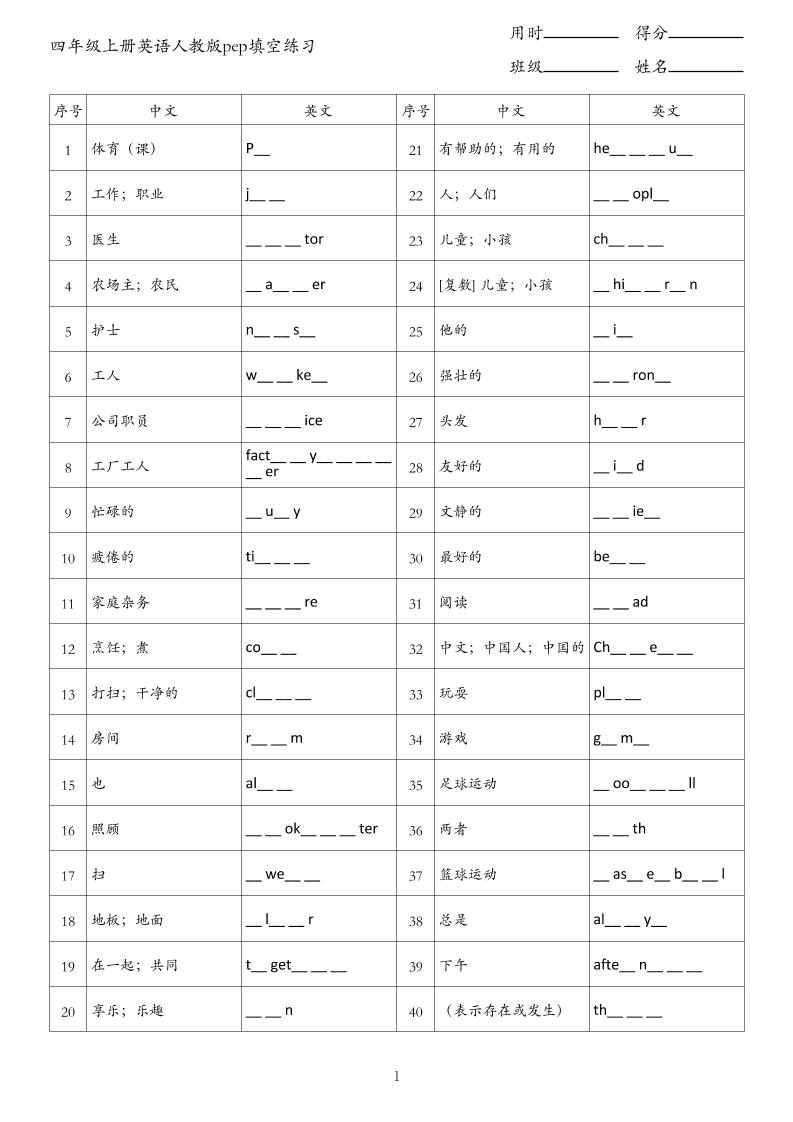 四年级上册英语人教版pep填空练习-小初高学习资料下载_真题试卷 - 开学吧资料库