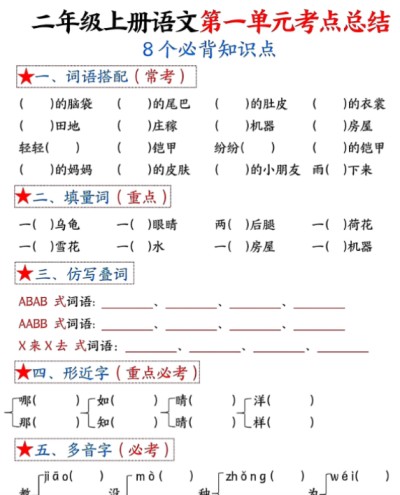 【空白版】二上语文1-4单元考点总结空白版-免费学习资料下载 - 开学吧
