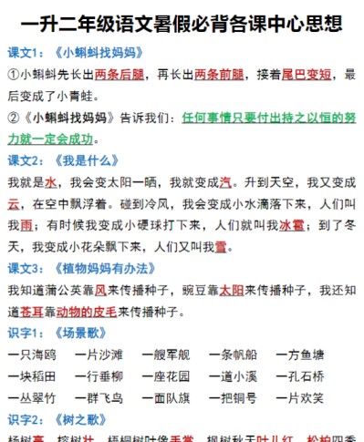 一升二年级语文暑假必背各课中心思想-免费学习资料下载 - 开学吧