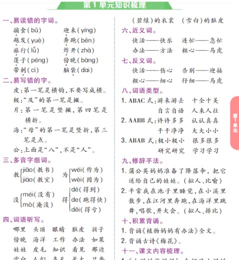 二年级上册单元知识梳理-免费学习资料下载 - 开学吧