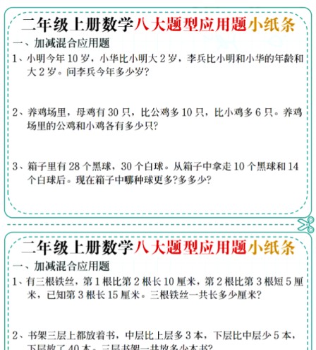 二上数学五大题型应用题小纸条(空白版)-免费学习资料下载 - 开学吧