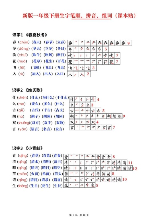 新版一年级下册语文生字笔顺拼音组词(课本贴)-免费学习资料下载 - 开学吧