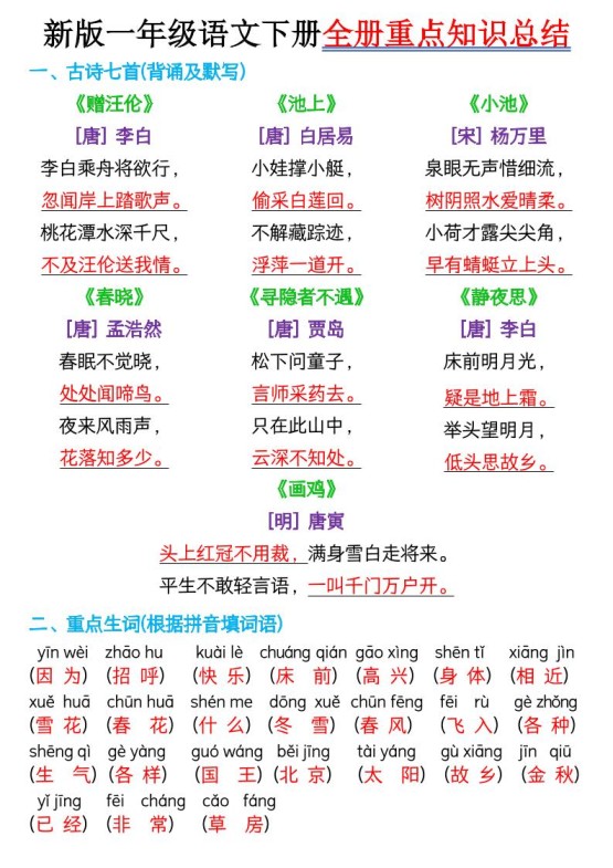 新版一年级语文下册全册重点知识总结-7页-免费学习资料下载 - 开学吧
