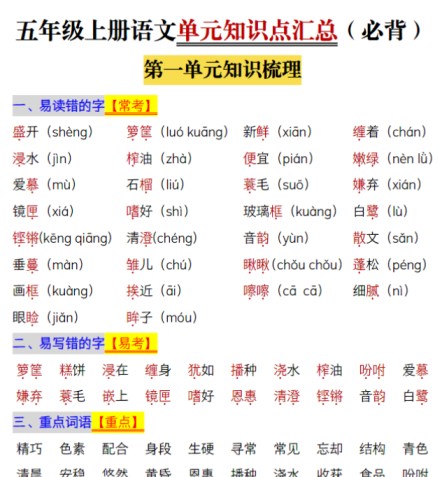 五年级上册语文1-8单元单元知识点归纳梳理-免费学习资料下载 - 开学吧