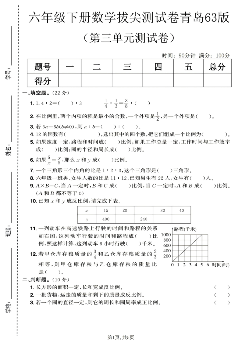 六年级(下)数学第三单元拔尖测试卷青岛63版1-小初高学习资料下载_真题试卷 - 开学吧资料库