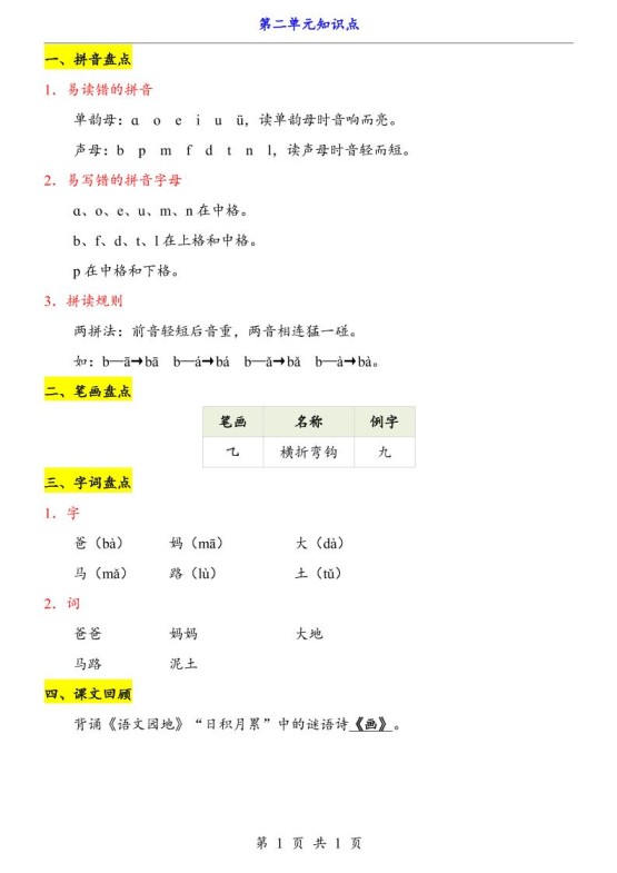 第2单元（知识点）一上语文-免费学习资料下载 - 开学吧
