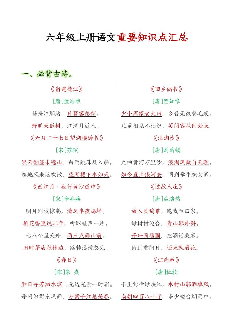 六年级语文上册全册重点知识点汇总-小初高学习资料下载_真题试卷 - 开学吧资料库