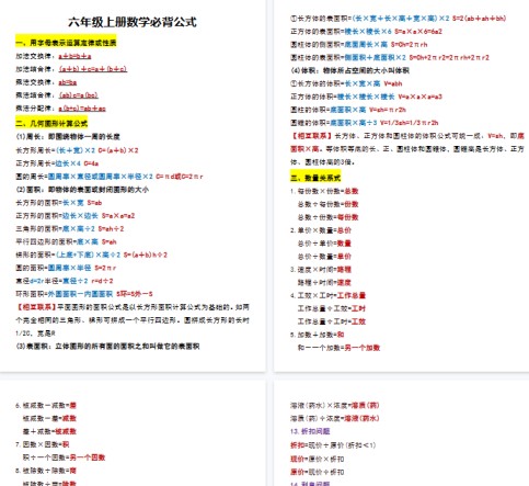 【4页完整版】六年级上册数学必背公式-免费学习资料下载 - 开学吧