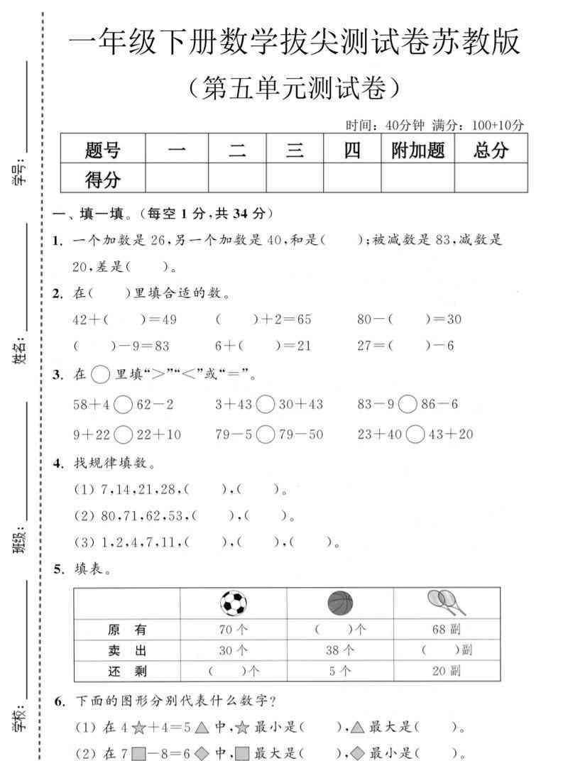 一年级下数学第五单元拔尖测试卷苏教版-小初高学习资料下载_真题试卷 - 开学吧资料库