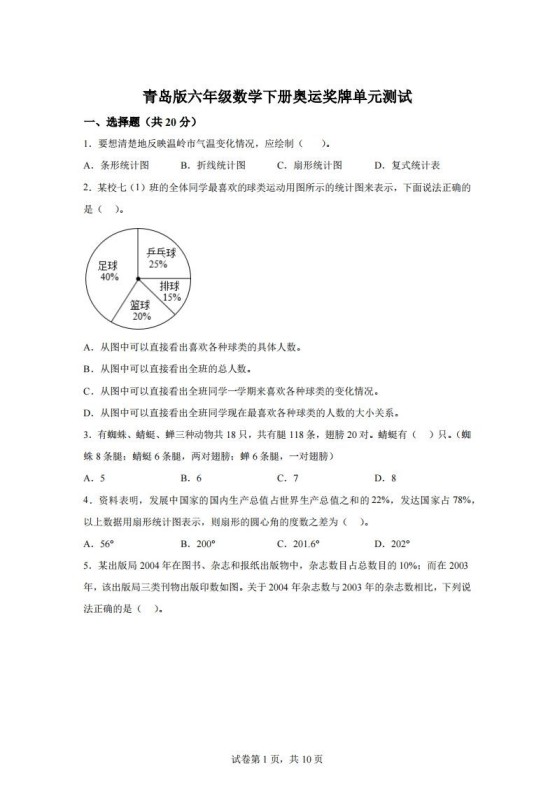 青岛63版数学六年级下册第五单元《奥运奖牌——扇形统计图》单元测试卷-免费学习资料下载 - 开学吧