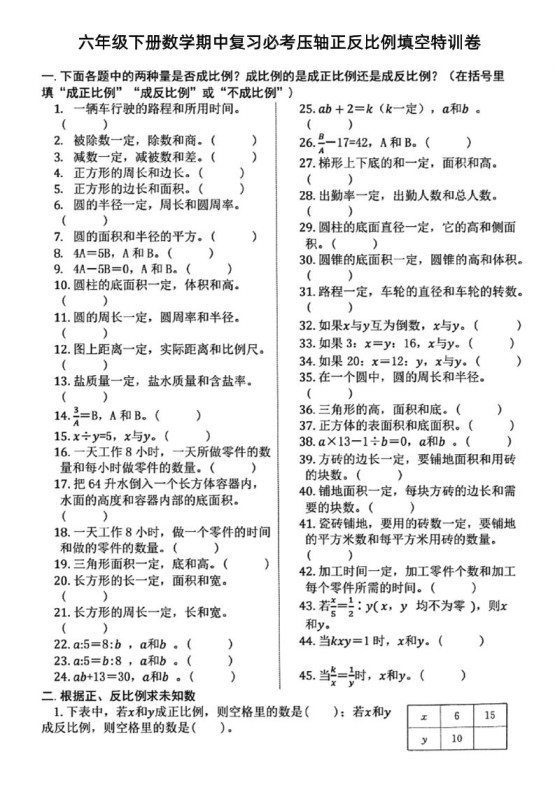 六下数学期中复习必考正反比例填空-免费学习资料下载 - 开学吧